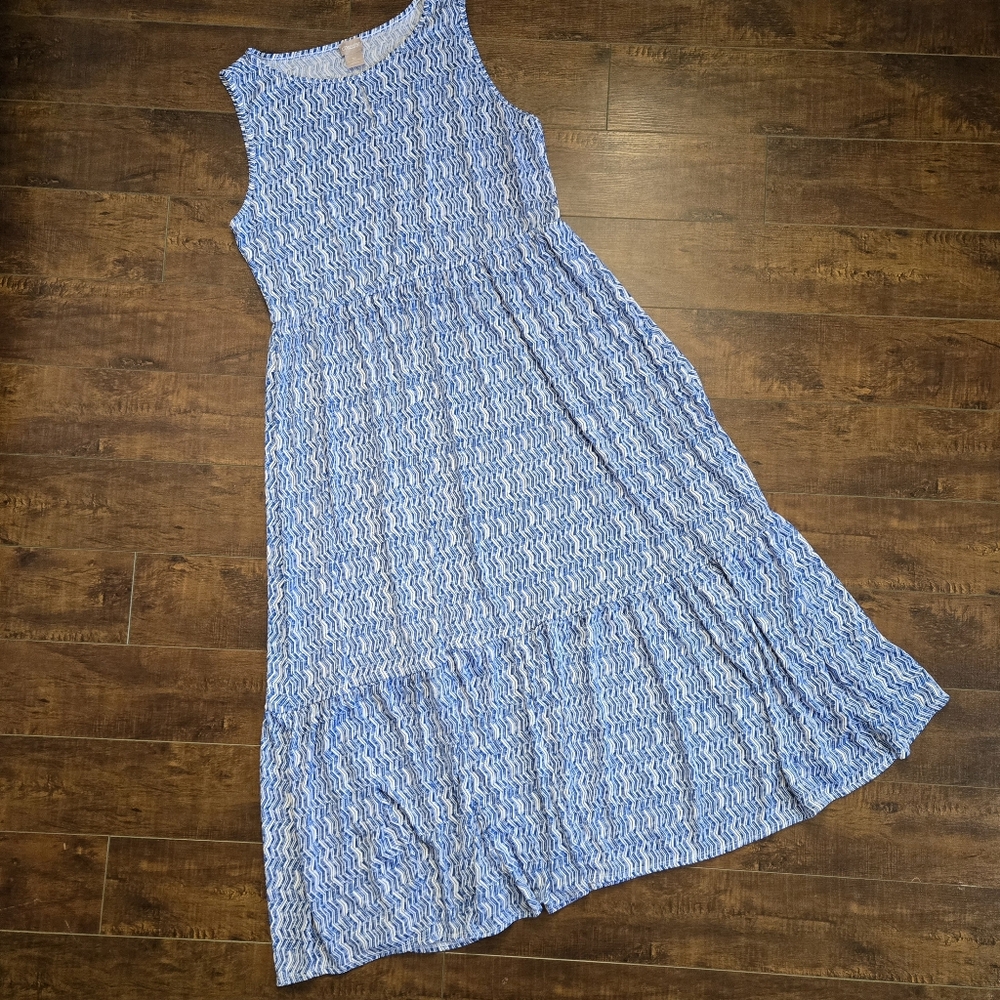 Chico's Tiered Chevron Print Blue and White Stretch Maxi Dress Plus Size 3P